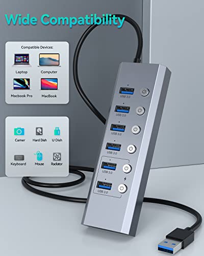 Powered-USB-30-Hub-Elecife-8-Port-Powered-USB-Hub-Aluminum-USB-Splitter-with-6-USB-30-Data-Ports-SDTF-Card-Readers-Individual-OnOff-Power-Switches-and-5V3A-Power-Adapter-for-PC-and-Laptops