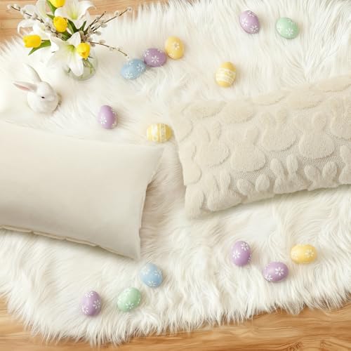 Image of decorUhome Easter Bunny Pillow Covers 12x20 Inch Set of 2, Soft Plush Faux Wool Jacquard Beige Rabbit Cushion Covers, Farmhouse Neutral Spring Easter Holiday Decor for Couch Sofa Bed