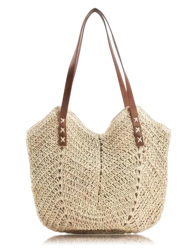 Wtyssn Beach Tote Bag with Zipper, Straw Shoulder Bag, Beige