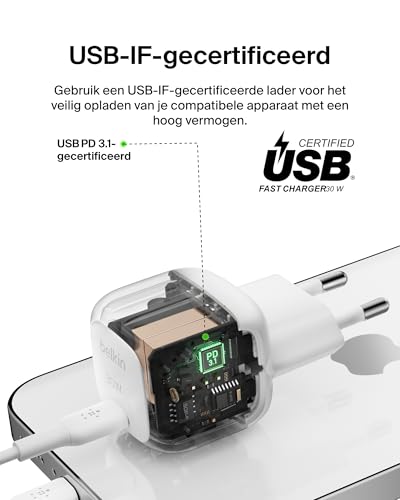 Belkin BoostCharge compacte 30 W wandlader, reisvriendelijk, USB-C Power Delivery, usb-c charger, oplader voor Apple iPhone Serie 15, 14, 13, Samsung Galaxy S24, S23, iPad, AirPods, tablet etc. - Wit - Afbeelding 6