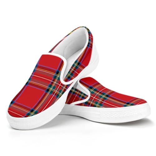 White Slip On Sneakers with Stewart Tartan Scottish Pattern, Unisex