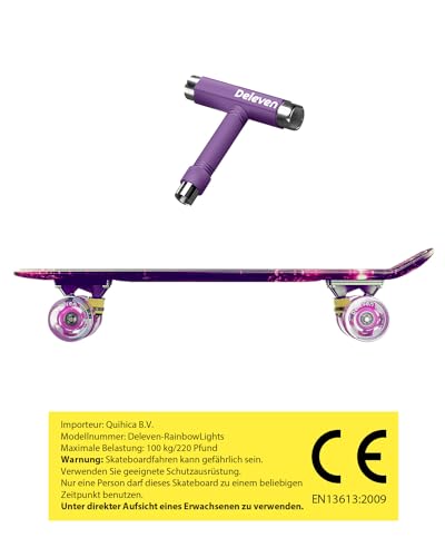 Foto von Deleven Skateboard mit LED Rollen, Skate Tool und ABEC 7 Lager - Kinder Erwachsene Anfänger - 56 cm