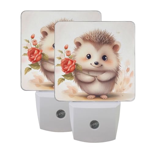 Image of Hedgehog Cute Night Lights 2 Pack Plug-in Wall Led Nightlight Auto Dusk-to-Dawn Sensor Lamps for Bedroom Kitchen Bathroom