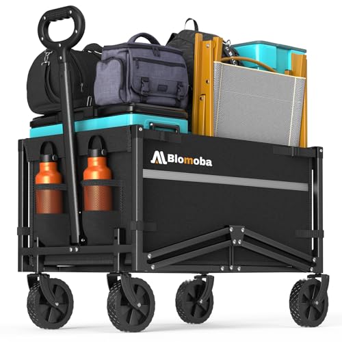 Blomoba Collapsible Wagon Cart, Flexible Handle, Portable Collapsible Wagon with All-Terrain Wheels 360° Rotation, 220LBS Heavy Duty Utility Cart for Garden Camping Grocery Sports Shopping Beach