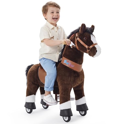 PonyCycle Schaukelpferd auf Rollen | für Kinder 34 Jahre 76cm | Braunes Plüsch Reitpferd mit Handbremse & Klang | Stehpferd Schaukeltier Indoor & Outdoor | Klassisches Modell U Ux321