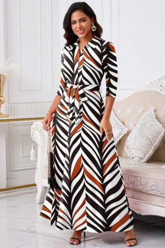 Image of Runwind Women Church Maxi Dresses 3 /4 Sleeve Button Down Print Casual Office Dress African