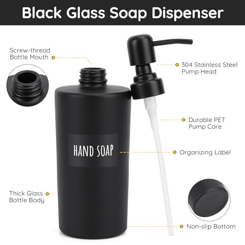 Image of Segbeauty Glass Soap Dispenser Set, 2pcs 15.2oz Refillable Bathroom & Kitchen Dispensers, 450ml Black with Pump & Labels