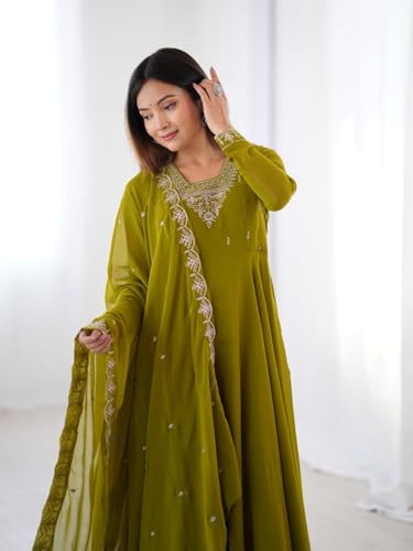 Image of FUSIONIC Premium Mehndi Green Anarkali Set with Heavy Embroidery, Dupatta & Full Stitch Finish