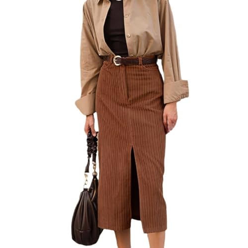 Brown Corduroy Skirt Split Slim Fit High Waist Button Vintage Bodycon Casual Elegant Streetwear Skirt