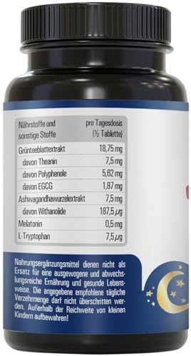 Vihado Melatonin Tabletten hochdosiert - 370 Nächte FORTE Komplex vegan - Rein ohne Zusätze - Plus L-Theanin, L-Tryptophan, Ashwagandha, 185 Tabletten,Melatonin,1