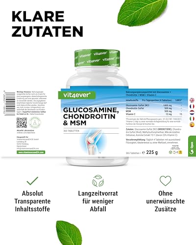 vit4ever Glucosamin Chondroitin MSM - 365 Tabletten - Hochdosiert mit 2012 mg pro Tag - 3 Monatsvorrat - Ohne unerwünschte Zusätze