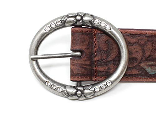 Distress Embossed Brown And Teal Leather Belt With Rhinestone Ring Buckle (L) #TOP2