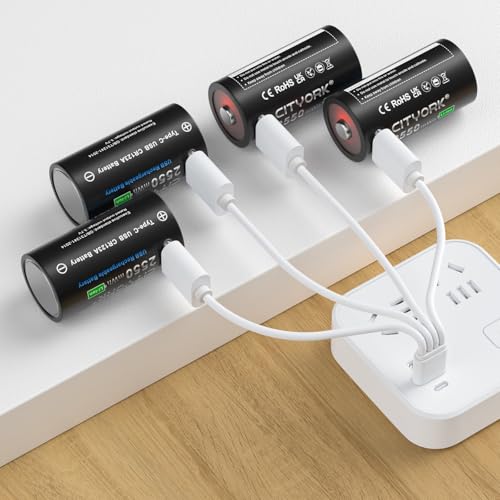 CITYORK CR123A 2550mWh Lithium Battery 6 Pack, 2550mWh CR-123A Lithium Batteries for High Intensity Flashlight, Home Safety, Security Devices with 4 in 1 USB-C Cable（Not D Size Battery）