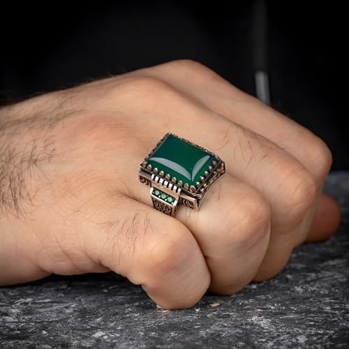 istrev YEŞİL Akik Taşı 925 Ayar Gümüş Yüzük Şık Tasarım Mücevher (20) - Görsel 2