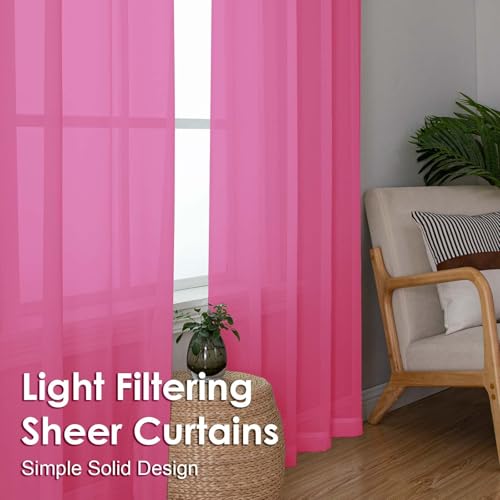 Image of OVZME Sheer Curtains 63 inch Length 2 Panels Set for Bedroom Living Room, Elegant Light Filtering Sheer Curtains, Soft Airy Dual Rod Pocket Window Drapes, Each 42W x 63L Inches, Hot Pink
