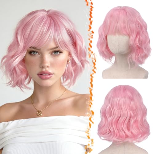 BARSDAR Short Wavy Pink Wig with Bangs - Short Wavy