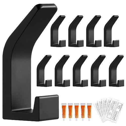 BASVII Pack de 10 Ganchos para Abrigos, Percheros de Pared Modernos Color Negro, sin Agujeros, de Aluminio Espacial, Ahorran Espacio, Ganchos de Pared Negro para Porche