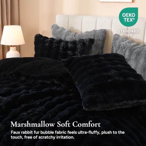 Andency Fluffy Queen Comforter Set Black, Rabbit Faux Fur Bedding 3 Pieces by Andency - Used condition - Image 2