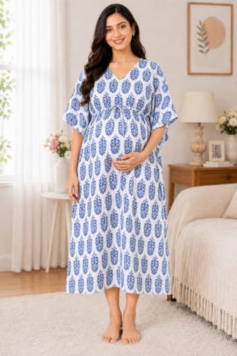 Image of Noty Women's- Kaftan | Maxi | Maternity | Feeding | Delivery Gown- Cotton Fabric- V Neck | Floral Print | 2 Pockets | Midi