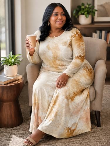 Image of PinkPatty Plus Size Maxi Dress for Curvy Women Crew Neck Long Sleeves Casual Dress Vacation Sundresses with Pockets