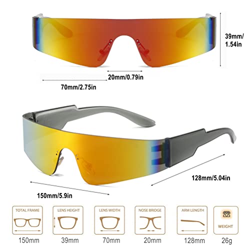 Y2K Futuristic Wrap Around Sunglasses Men Women Visor Cyber Glasses Sports Monoblock Cyclops (Grey Frame-Mirror Red Lens)4