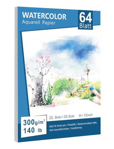 Premium Aquarellpapier(22.9 x 30.5cm, 64 Einzelne Blätter), Aquarellblock Glatt Watercolor Paper Strukturiert & Matt Aquarell Papier für Aquarellmalerei Wasserfarben Gouache Acryl Aquarelltechniken