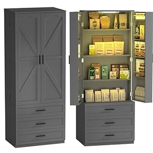 72″ LED Kitchen Pantry Cabinet with 3 Drawers Farmhouse Tall Storage Cabinet Wood Food Pantry with Barn Doors and Adjustable Shelves Versatile Storage Freestanding Cupboard for Kitchen