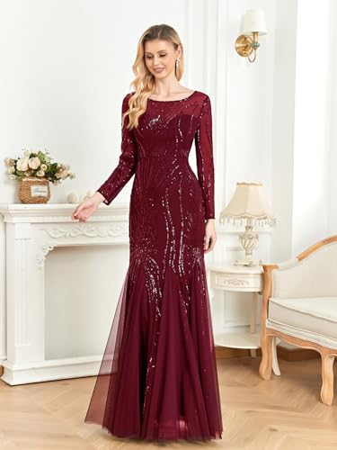 Image of Long Sleeve Sequin Evening Dress Glitter Mermaid Long Gown for Mother of The Bride Or Wedding Guest