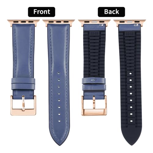 BINLUN Compatible with Apple Watch Bands Leather Soft Silicone Inner Hybrid Sweatproof 42mm 44mm 45mm 46mm 49mm Watch Strap for iWatch Ultra SE Series11/10/9/8/7/6/5/4/3/2/1(RoseGold Buckle,Deep Blue) - Image 2