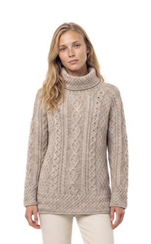 Image of Carraig Donn - Ladies - 100% Soft Merino Wool - Cable Knit Sweeter Vented Roll Neck Irish Jumper