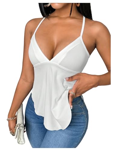 GORGLITTER Women's Deep V Neck Asymmetrical Ruffle Cami Tops Cross Criss Tie Backless Sexy Party Top White S