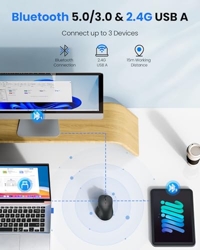 Image of TECKNET Wireless Mouse Bluetooth 5.0 /3.0 & 2.4G Rechargeable, Silent Clicks, Adjustable 4800 DPI, 6 Buttons, Ergonomic Design, Bluetooth Mouse for Laptop, Computer, ipad - Gray
