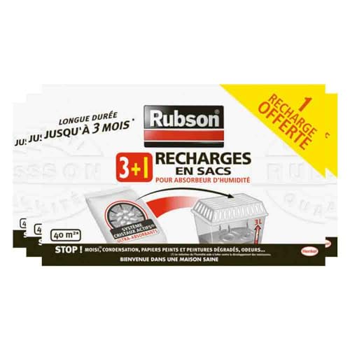 RUBSON recharges en sac pour absorbeur d'humidité - Lot de 3 recharges de 1 kg + 1 recharge 1 kg gratuite