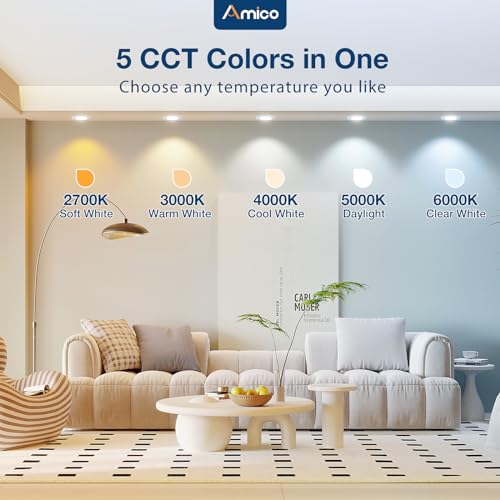 image for Amico 24 Pack 5/6 inch 5CCT LED Recessed Lighting, Dimmable, 12.5W=100