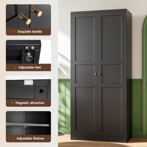 Image of Letaya Black Storage Cabinet with Adjustable Shelves-Metal Home Kitchen Pantry Cabinets with Doors,Organization Locker for Cupboard /Bedroom /Dining /Living /Bathroom /Office /Garage Room