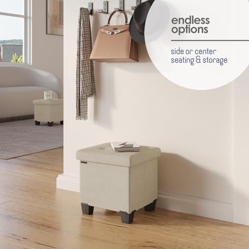 Storage Ottoman Cube with Small Bin, 15-in Square Ottoman with Storage for Living Room and Bedroom, Small Ottomans Foot Rest, Fabric Foot Stools Ottomans Max 330lbs, Beige by STORAGEBUD - Used condition - Image 6