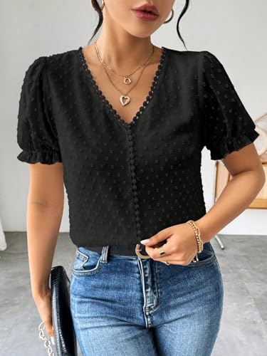 Image of Shasmi Women's Elegant French Textured Fabric Solid Color Lace Panel V-Neck Jacquard Blouse,Short Puff Sleeve Tops Simple Daily Spring /Summer Casual Blouse Shirt (Top 178)