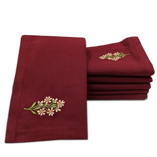 Encasa XO Lot de 6 Serviettes de Table | Serviettes en Coton 43x43 cm | Fleur Marron Broderie