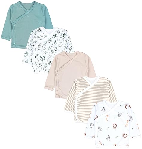 TupTam Baby Jungen Langarm Wickelshirt Baumwolle 5er Set, Farbe: Tiersafari Blätter Salbei Beige Streifen, Größe: 56