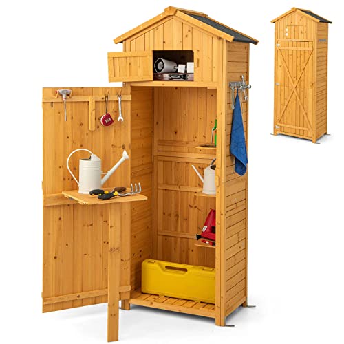 COSTWAY Wooden Garden Shed, Outdoor Tool Storage Cabinet with Foldable Table, 3 Removable Shelves, Weatherproof Asphalt Roof, Upper Compartment & Hooks, 75x50x180cm Vertical Tool Utility Organizer