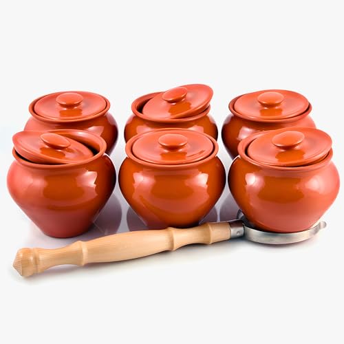 Set of 6 Natural Clay Stoneware Baking Ramekins with Lids & 1 Oven Fork - 0.5-Qt Each - 16.9 fl oz (500 ml) - Clay Pots for Cooking, Dutch Oven Pot With Lid