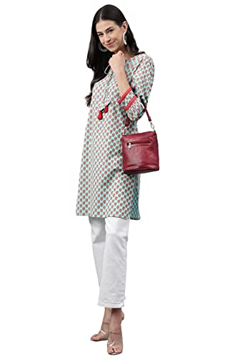 Image of Janasya Women's Light Green Cotton Floral Printed Regular Tunic