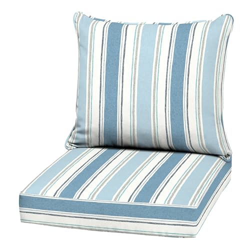 Image of Arden Outdoor Deep Seat Cushion Set, 22 in x 24 in, Weather-Proof, Rain-Proof, Fade Resistant Patio Cushion French Blue Linen Stripe