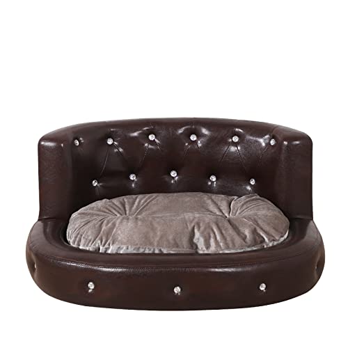 Pu Leather Dog Sofas And Chairs,Wooden Frame Cat Bed,Dog Bed With Soft Velvet Cushion,Crystal Bbutton Pet Sofa For 15 Pounds Pet Using,Brown #TOP2