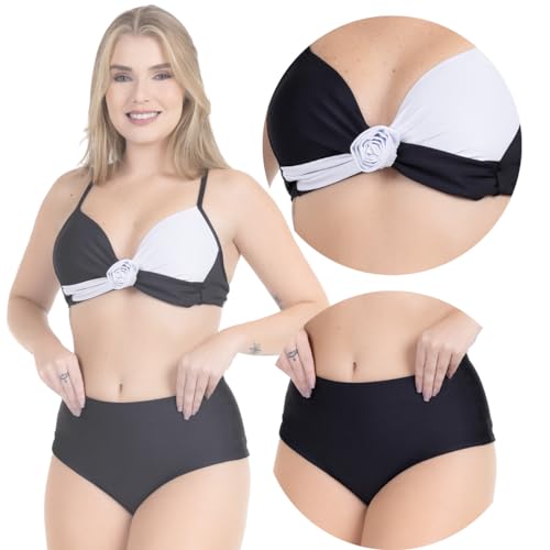 Biquíni Feminino Com Bojo Transpassado Alcinha Alta Sustentação Flor Bicolor Calcinha Cós Alto Model