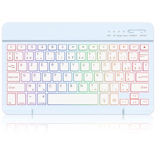 MMK Clavier Bluetooth, Layout AZERTY, Touches Silencieuses, Mini Clavier sans Fil Rétroéclairé Rechargeable pour iPad 10e Génération/iPad Pro/Air/Mini/10.2/9.7, iPhone, Android, Windows (Bleu)