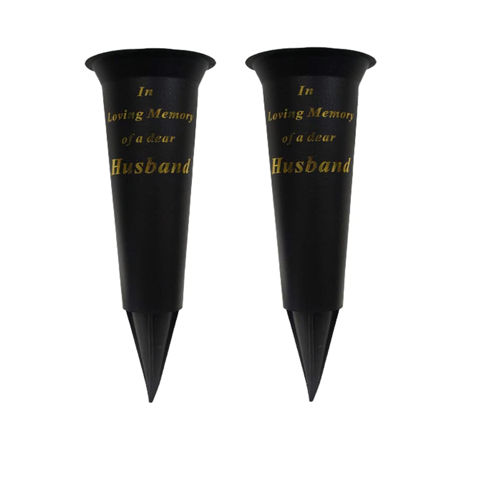 PHG Twin Durable Plastic Personalised Graveside Vase | Classic Graveside Flower Pot for Loved Ones | Eye-Catchy Memorial Gift Flower Holder with Spike for Family and Friends | Black (Husband)