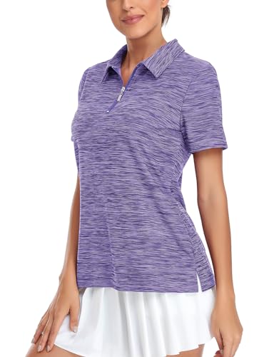 Gemulate Ladies Polo Shirts Polo Shirts for Women UK Ladies Golf Tops Short Sleeve 1/4 Zip Up Moisture Wicking Gym Sports Tshirt - Purple, XXL