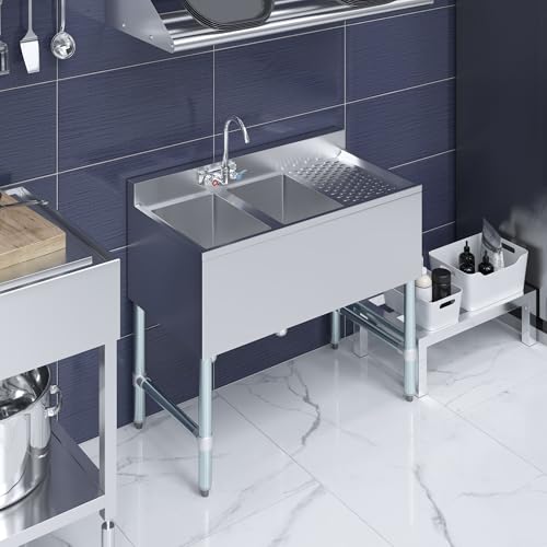 Image of AmGood 36 in. x 19 in. Two Compartment Under Bar Sink With 12 in. Right Drainboard | Stainless Steel Commercial Two Bowls Underbar Sink NSF.
