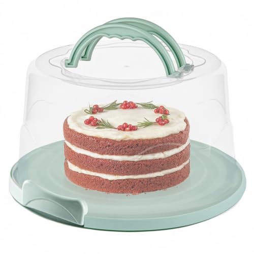 MosJos Extra Large Cake Carrier, Cake Holder with Lid & 2 Sturdy Snaps & Handles, Cake Containers with Lids/Five Section Tray, Holds 10” Cake with Icing, Cake Carrier with Lid and Handle (Green)
